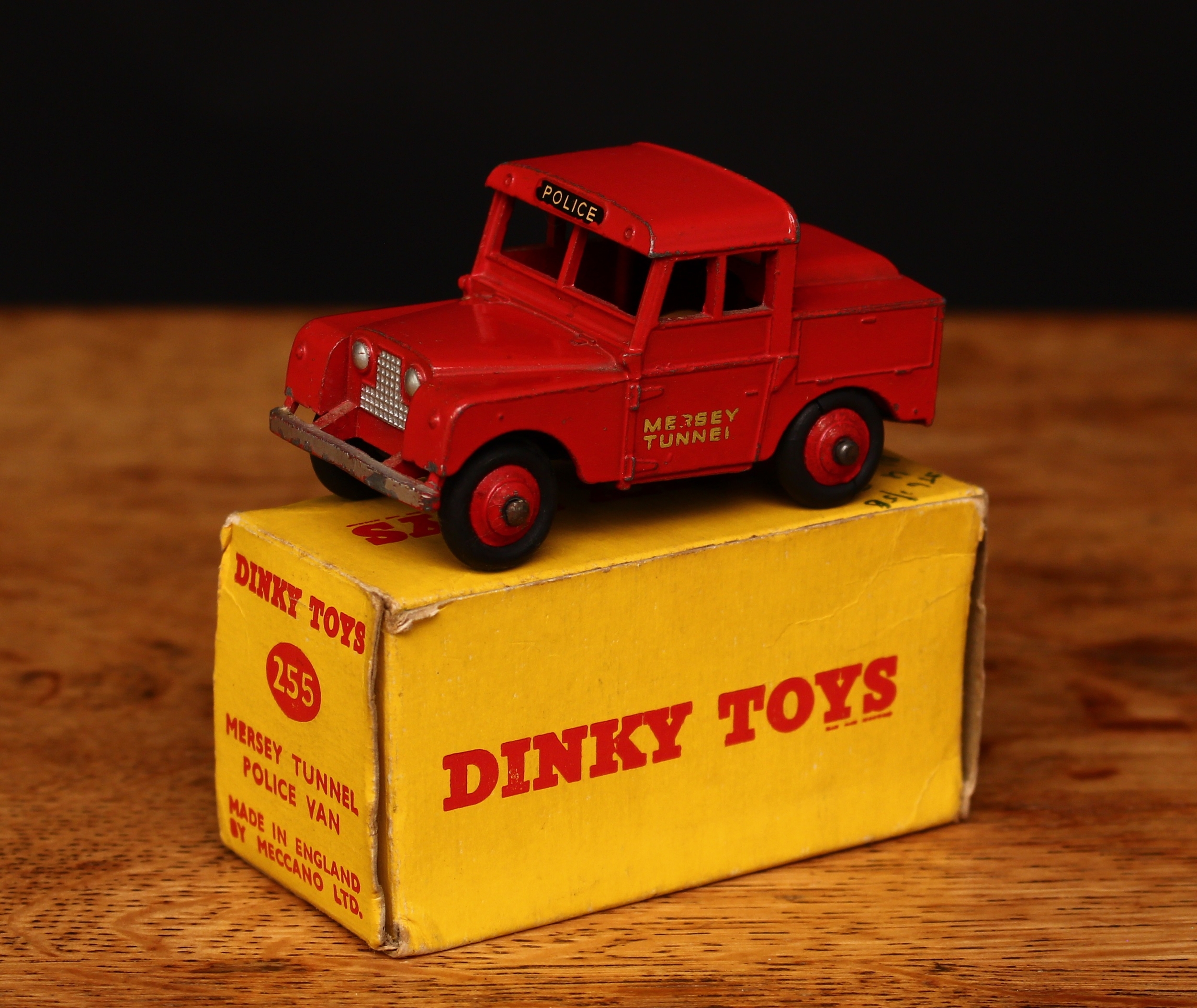 Dinky Toys 255 Mersey Tunnel Police van, red body with decals, red ridged hubs, boxed - red/yellow