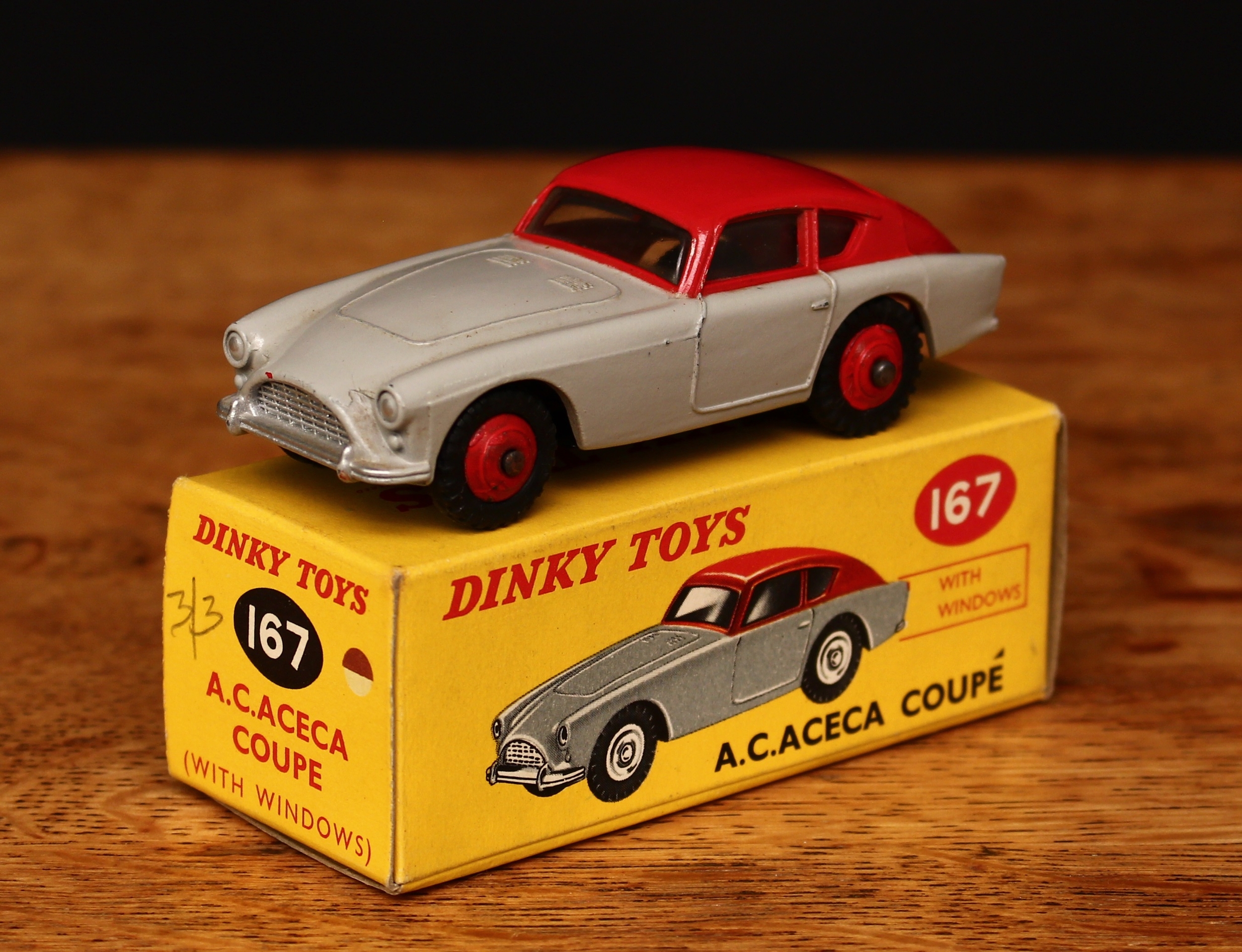 Dinky Toys 167 A.C.Aceca coupe with windows, grey body with red roof, red ridged hubs, boxed -