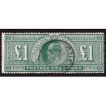 Stamps - EVII 1911 £1 DP green SG: 320 cat £750 f/v, single steel circle CDS DE.12.1912