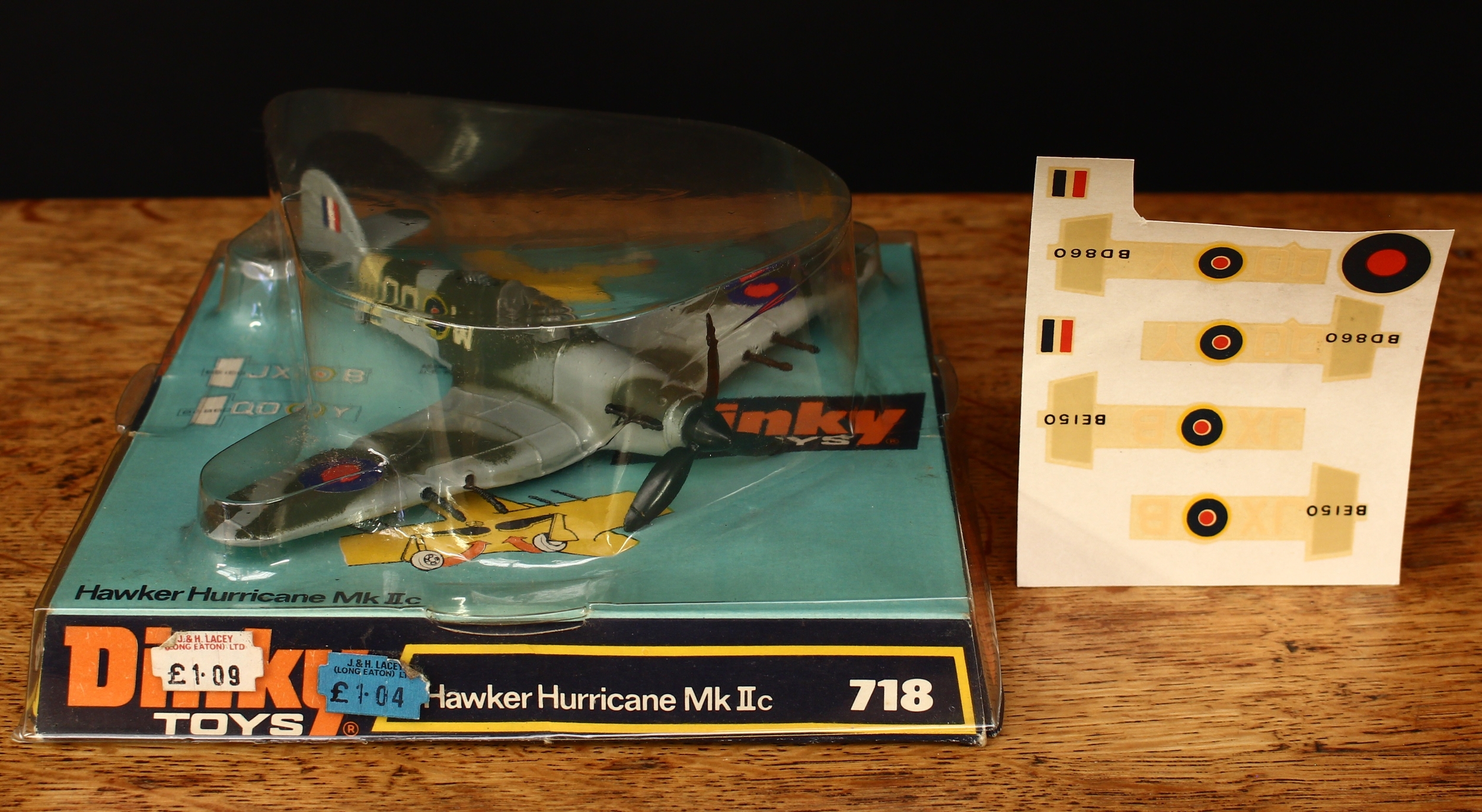 Dinky Toys 718 Hawker Hurricane Mk IIc, camouflaged body with R.A.F. roundel decals, three blade