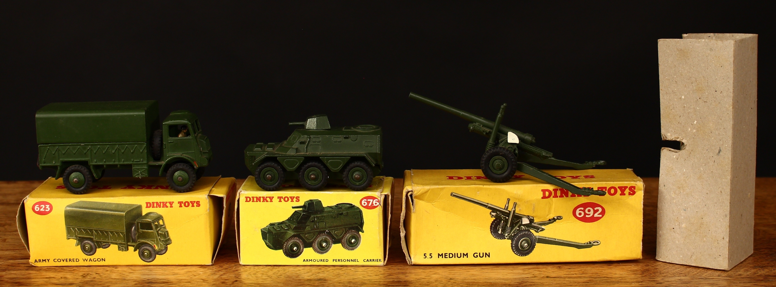 Dinky Toys 623 army covered wagon, military green cab and body, painted seated driver figure,