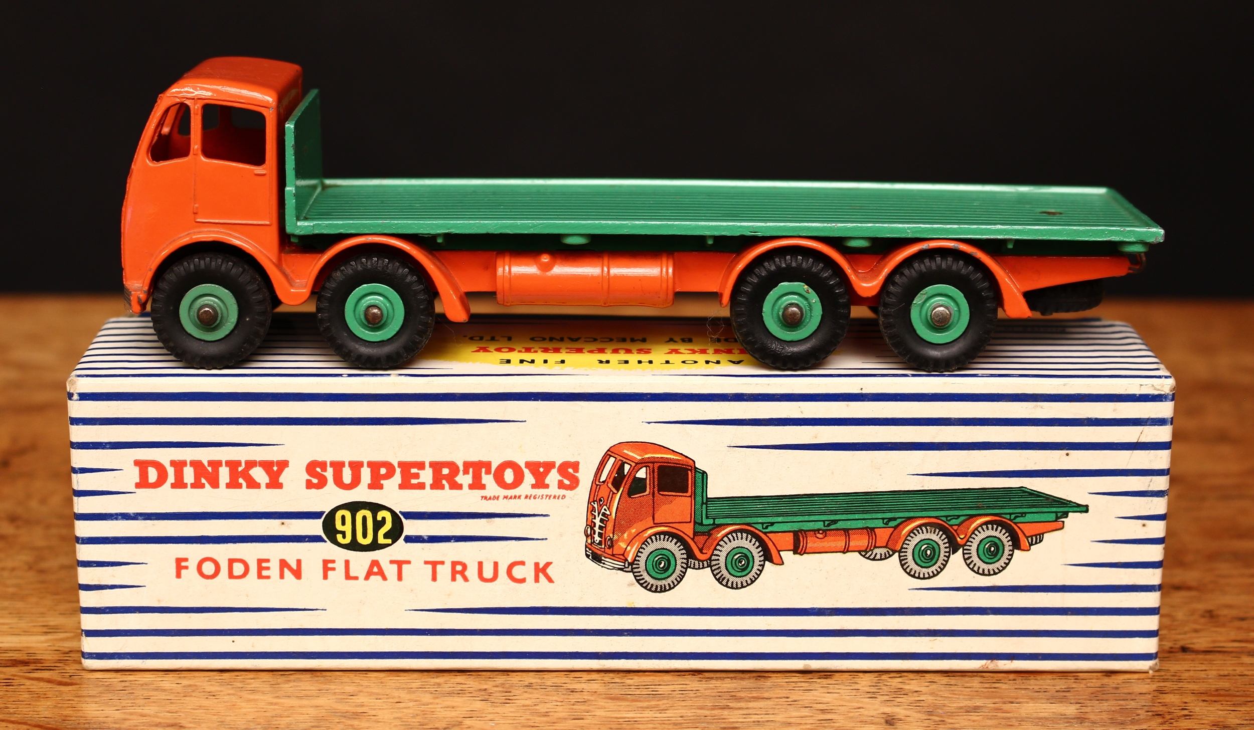 Dinky Supertoys 902 Foden flat truck, 2nd type orange cab and chassis, green flat bed, pale green