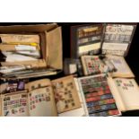 Stamps - box of material, five all world albums and two GB presentation pack albums and loose, fv