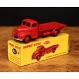 Dinky Toys 422 Fordson Thames flat truck, red cab and chassis, red flat truck, red ridged hubs,