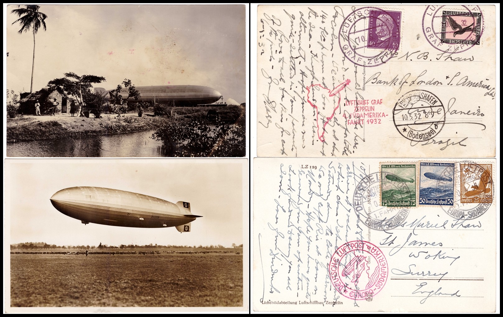 Stamps - two Graf Zeppelin postcards, 1, 1932 Germany - Brazil, 2, Germany - UK, interesting