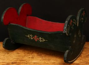 Folk-Art - a first-half 20th century painted pine dolls rocking cradle, the exterior painted with