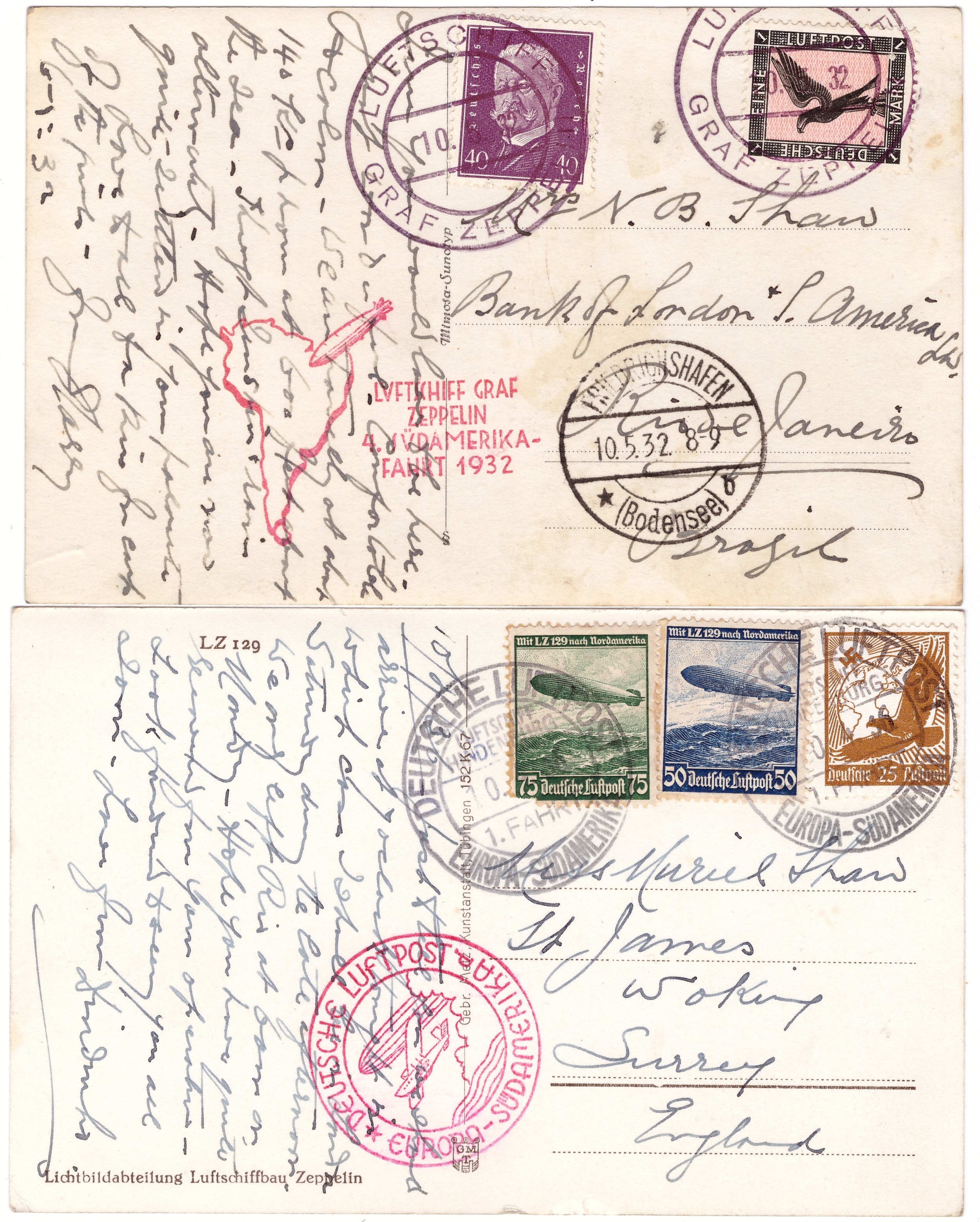 Stamps - two Graf Zeppelin postcards, 1, 1932 Germany - Brazil, 2, Germany - UK, interesting - Bild 2 aus 3