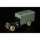 Tri-ang Minic (Lines Brothers) tinplate and clockwork 21M transport van, dark blue cab with polished