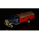 Tri-ang Minic (Lines Brothers) tinplate and clockwork 32M dust cart, dark blue cab with polished