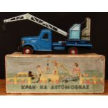 A 1950's Soviet Russian tinplate ZIL breakdown crane, dark blue cab and chassis with crane, black