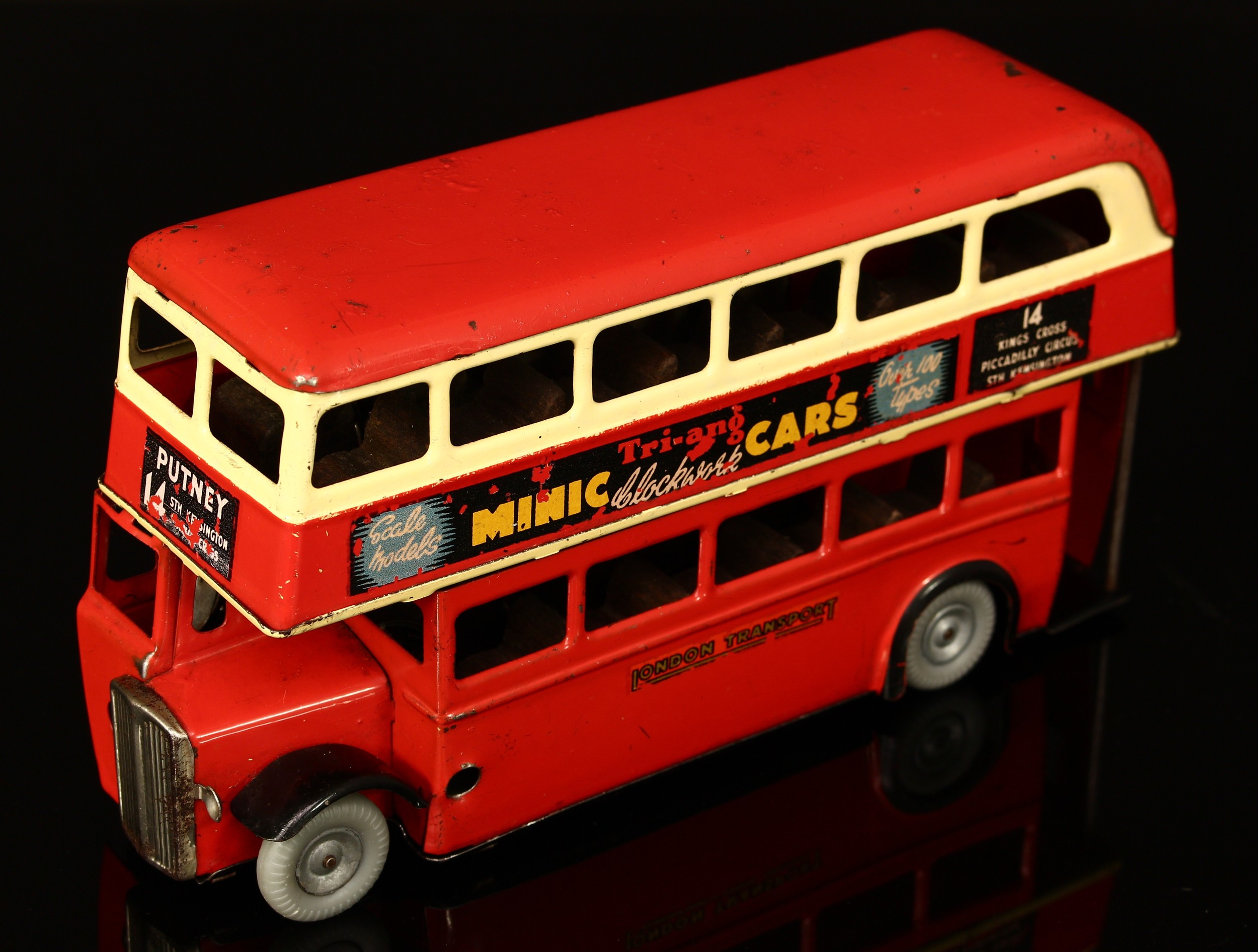 Tri-ang Minic (Lines Brothers) tinplate and clockwork 60M double decker bus, red body with black