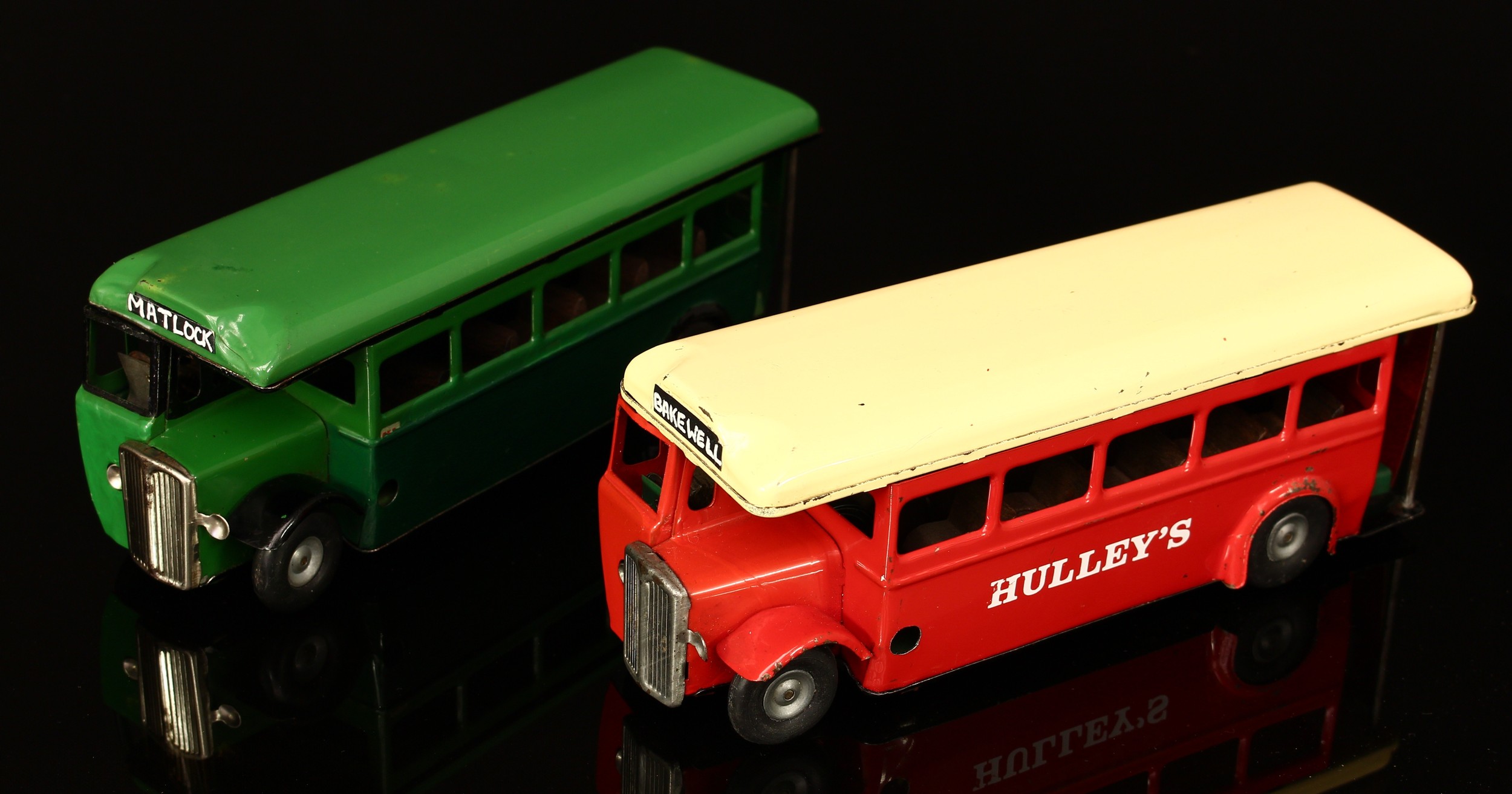 Tri-ang Minic (Lines Brothers) tinplate and clockwork single decker bus, red body with green roof,