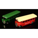 Tri-ang Minic (Lines Brothers) tinplate and clockwork single decker bus, red body with green roof,