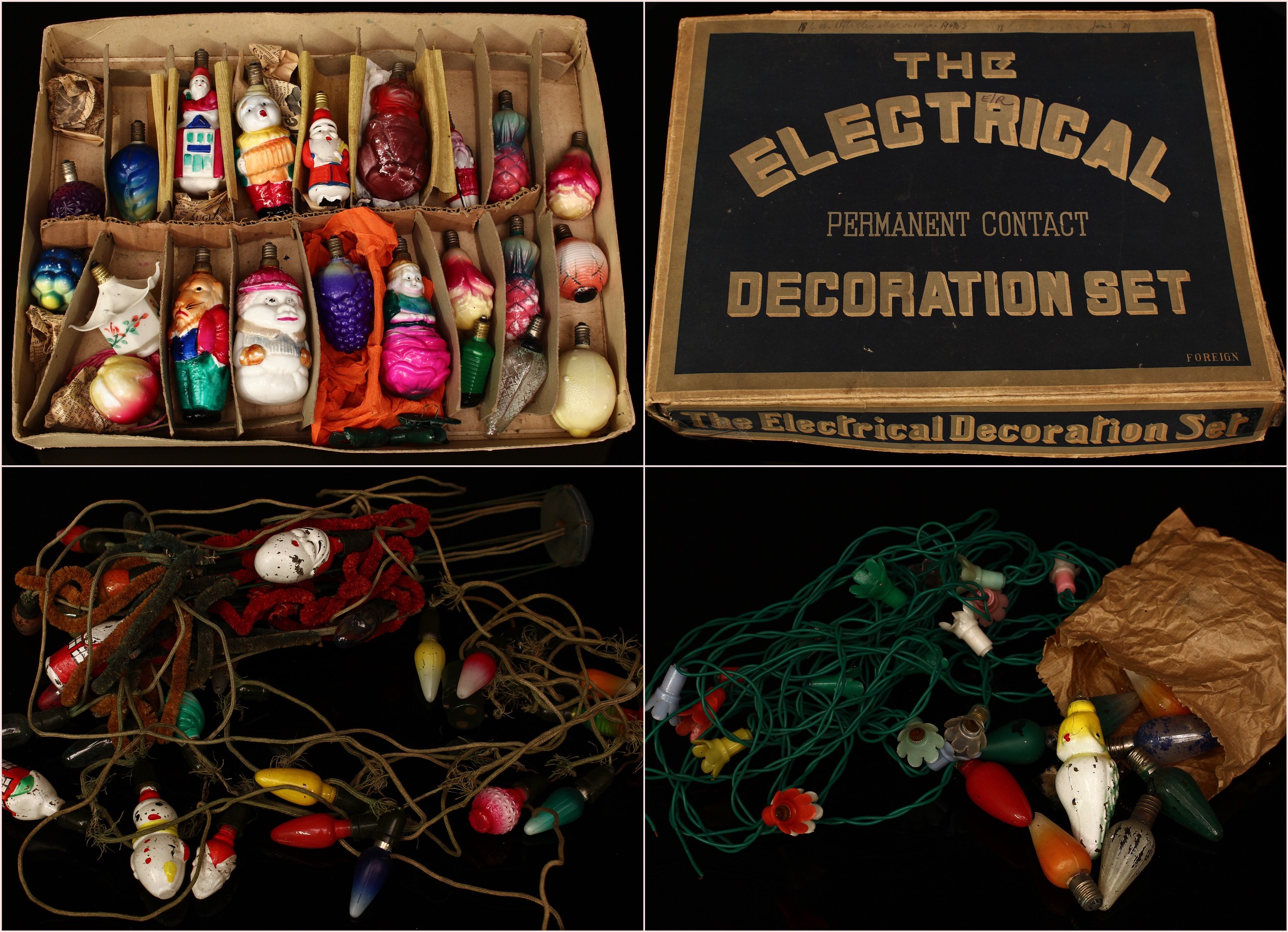A set of 1940's novelty decorative Christmas light bulbs, The Electrical Permanent Contact