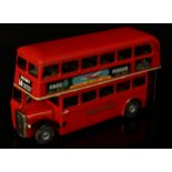 Tri-ang Minic (Lines Brothers) tinplate and clockwork 60M double decker bus, red body with black