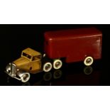 Tri-ang Minic (Lines Brothers) tinplate and clockwork 30M articulated pantechnicon, fawn/beige cab