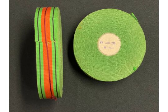 WW2 British Defence Medal ribbon. Unissued original stock. Two reels each approx. 86 yards in - Image 1 of 3