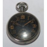 WW2 British Rolex pocket watch. Black dial with Arabic numerals, separate seconds dial. Marked Rolex