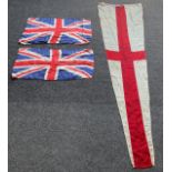 WW2 British Screen Printed Silk Union Flags x 2 both sized 44cm x 89cm: England Pennant Flag