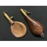 Pair of 19th Century Brass and Leather Shot Flask. Adjustable to enable two different measures of