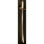 A naval sword or cutlass, 53.5cm fullered blade, gilt brass hilt with folding guard and crowned