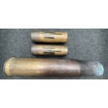 British 4.5 inch Naval Shell Case dated 1980, length 70cm and two British 25prd field gun shell
