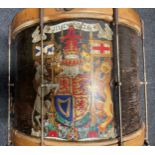 Military Drum with the Royal Coat of Arms of Elizabeth II. 395mm in diameter. Height overall 345mm.