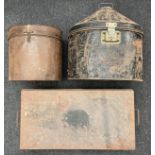 Two Officers tin cap tins, one with initials "LEA" and an officers tin trunk size 61cm x 31cm x 20cm