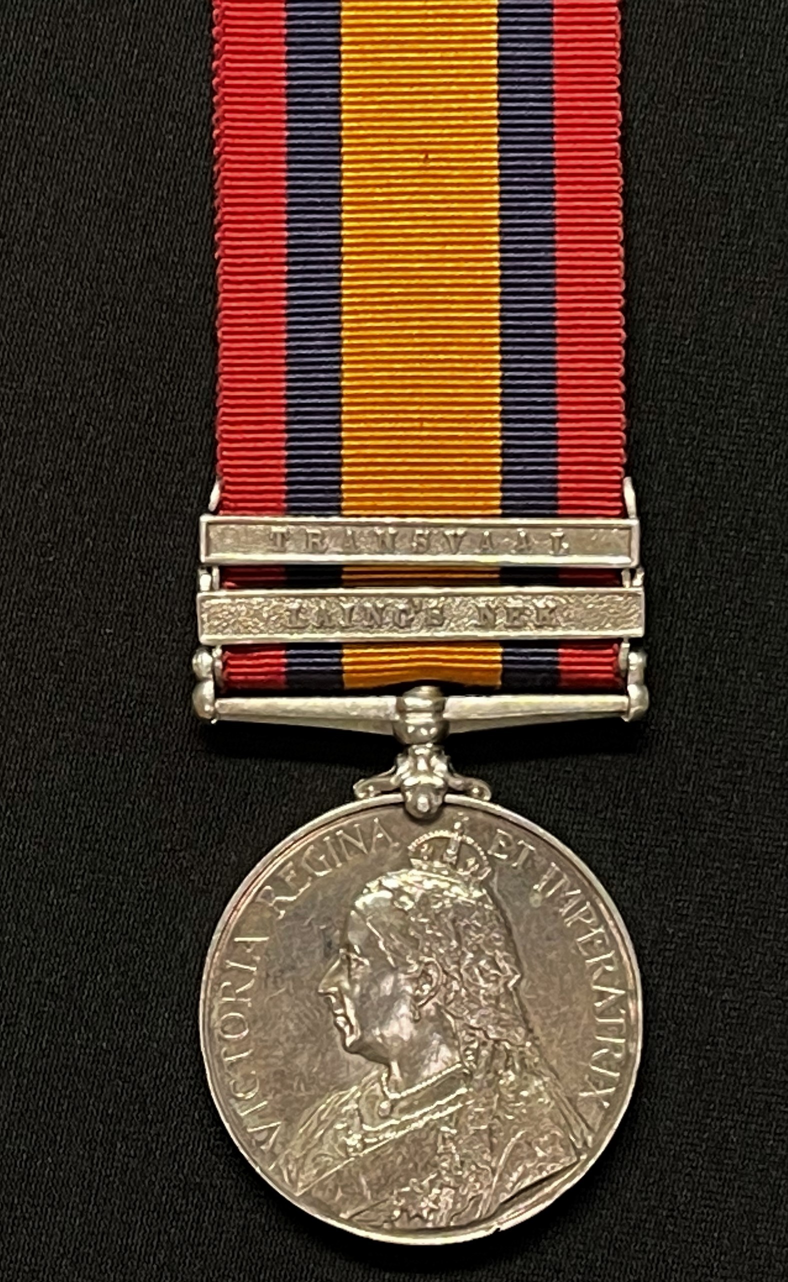 Queens South Africa Medal with Transvaal and Laing's Nek clasps RENAMED to 5510 Corporal JF Webb,