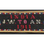 British Army Sweetheart Tapestry Stable Belt "India JW to AN 1911". 11cm in width. Three buckle
