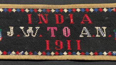 British Army Sweetheart Tapestry Stable Belt "India JW to AN 1911". 11cm in width. Three buckle