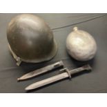 Argentinian Falklands War Group comprising of US M1 Helmet (Front Seam) and M1 liner with named
