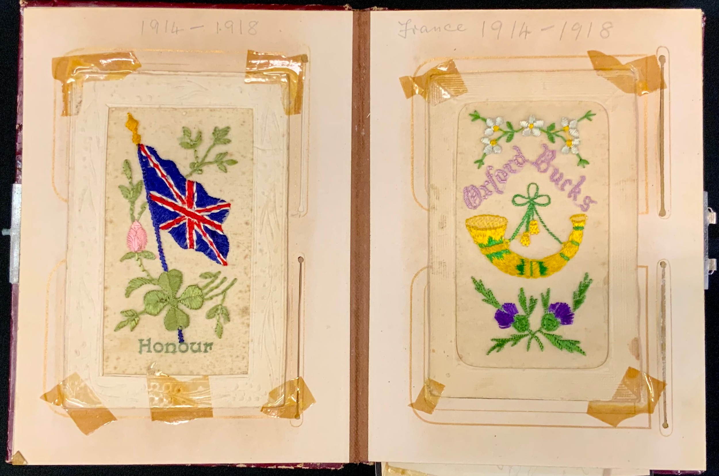 WW1 British Silk and Other Postcards or Greetings Cards, Funeral Cards in a period album: Silk cards