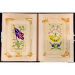 WW1 British Silk and Other Postcards or Greetings Cards, Funeral Cards in a period album: Silk cards