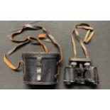 Carl Zeiss Jena "Marineglas" 6x Binoculars, with lens cover, leather neck strap, and black leather