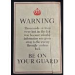 WW2 British "Warning be on your Guard" Poster. Size 38cm x 25cm. Marked "AG2" and "Printed for HM