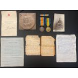 WW1 British death plaque in box of issue with slip, War Medal and Victory Medal with original