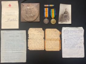 WW1 British death plaque in box of issue with slip, War Medal and Victory Medal with original