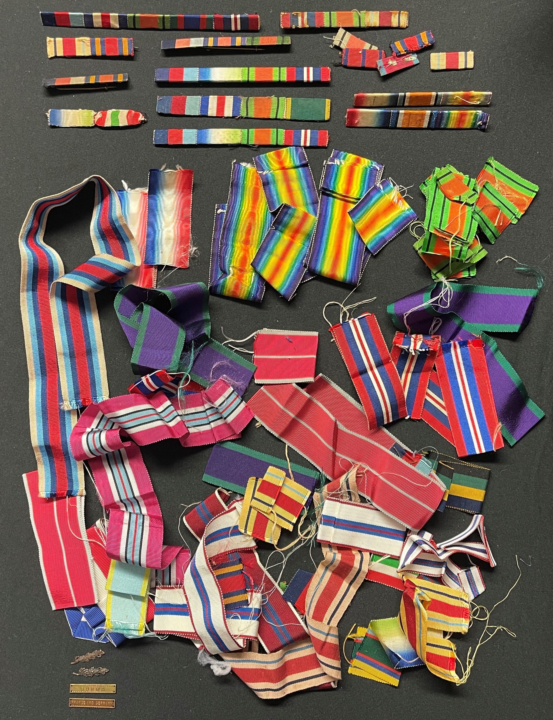 British Medal Ribbons and ribbon bars plus two MiD Oakleaves and a France & Germany Clasp and a