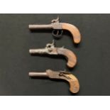 Three percussion cap pocket pistols. One with 70mm long barrel, bore approx. 10mm, overall length