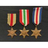 WW2 British Africa Star, France & Germany Star, Italy Star. All complete with ribbons.