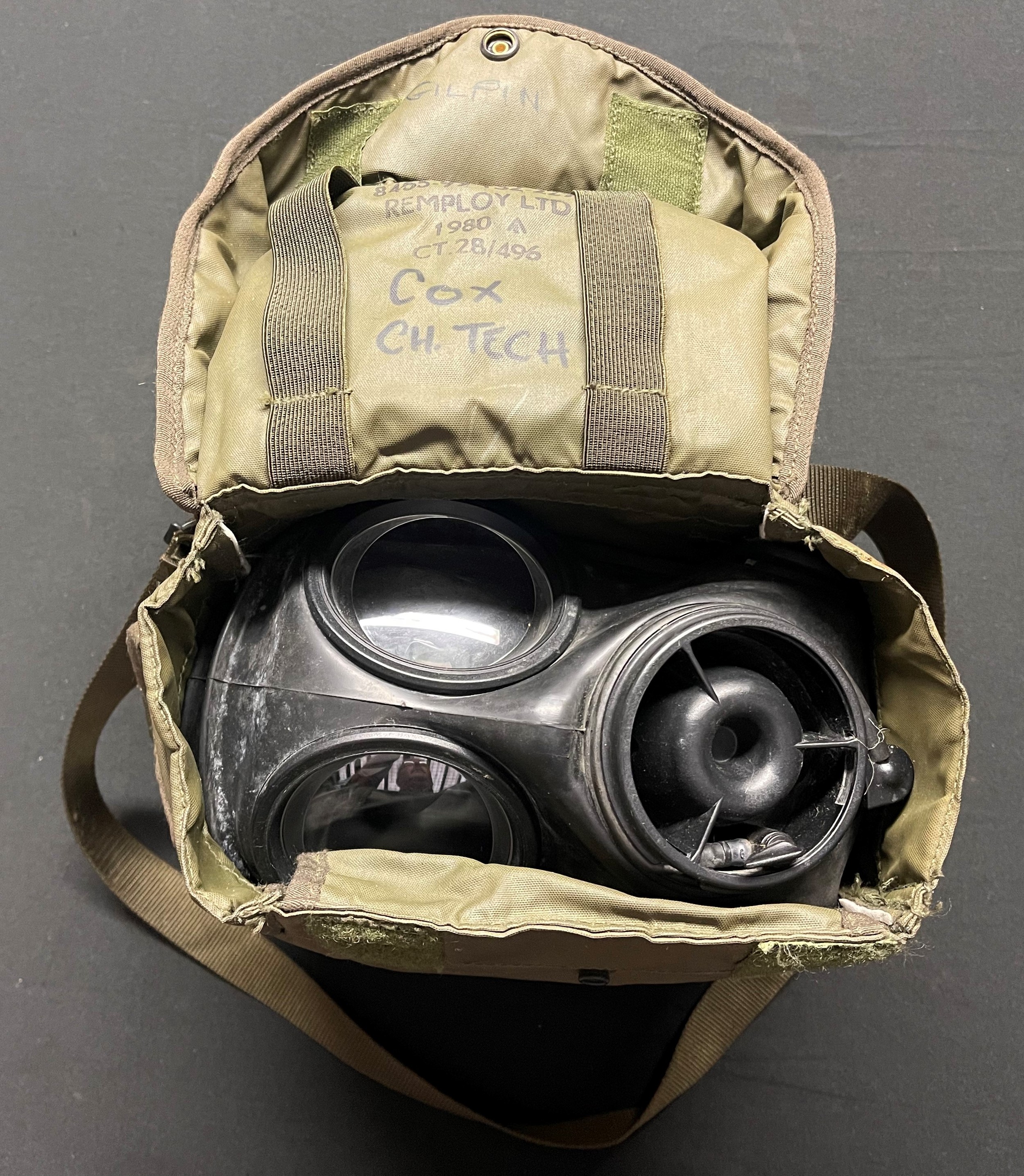 A British Army S10 Gas Mask complete in PLCE bag with Spare filters