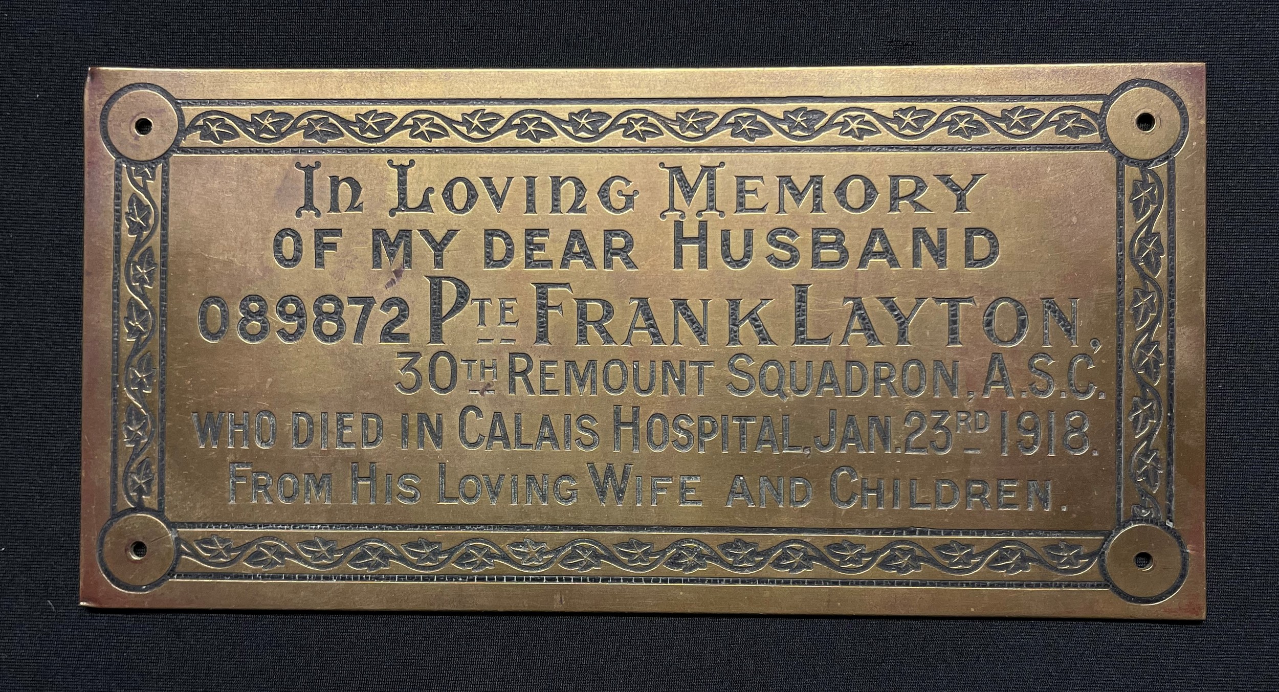 WW1 British Memorial Plaque to 089872 Pte Frank Layton, 30th Remount Squadron, Army Service Corps - Image 2 of 7