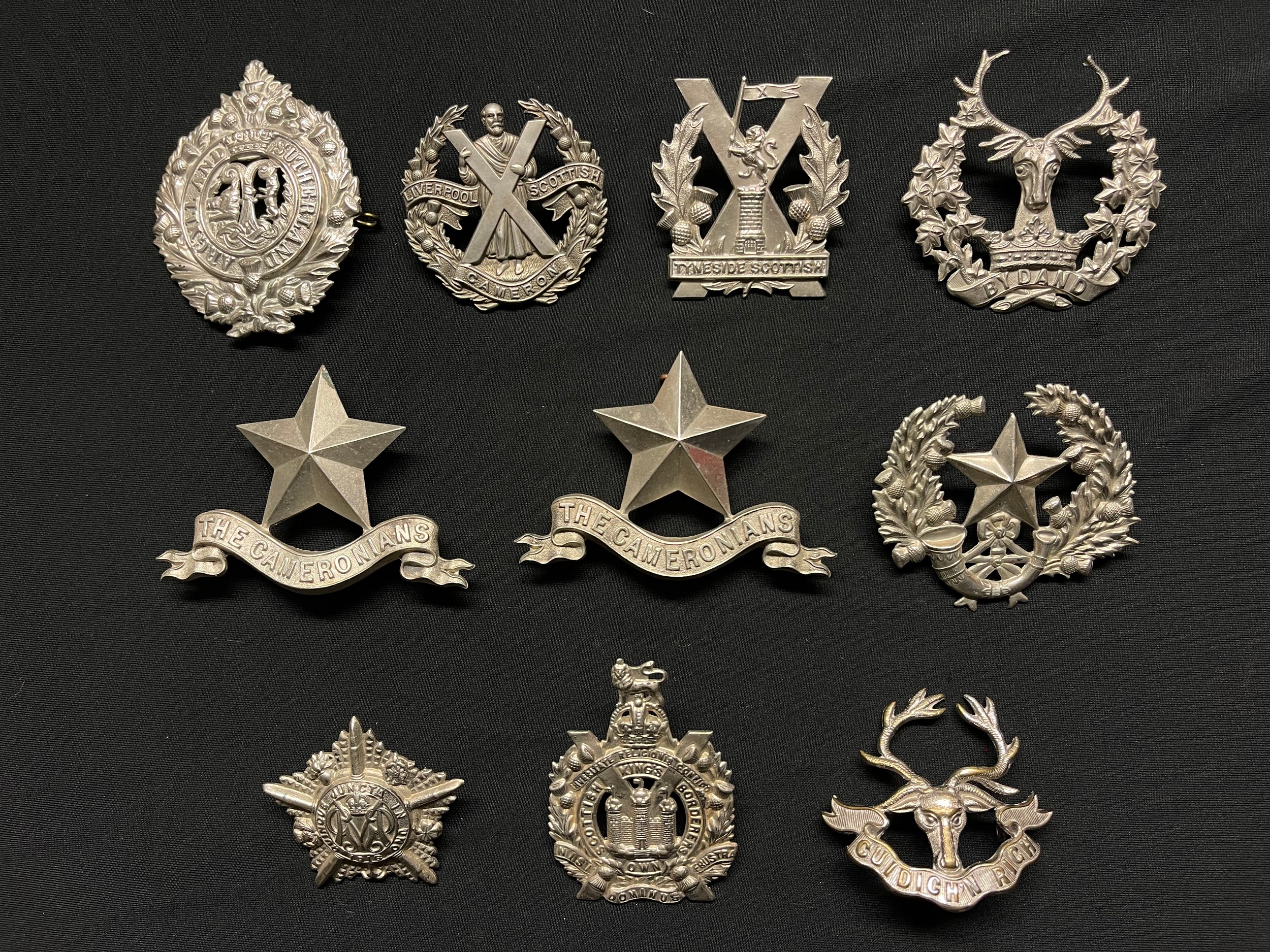 WW2 British Scottish Regiment Cap Badges to include: The Cameronians x 3: Liverpool Scottish:
