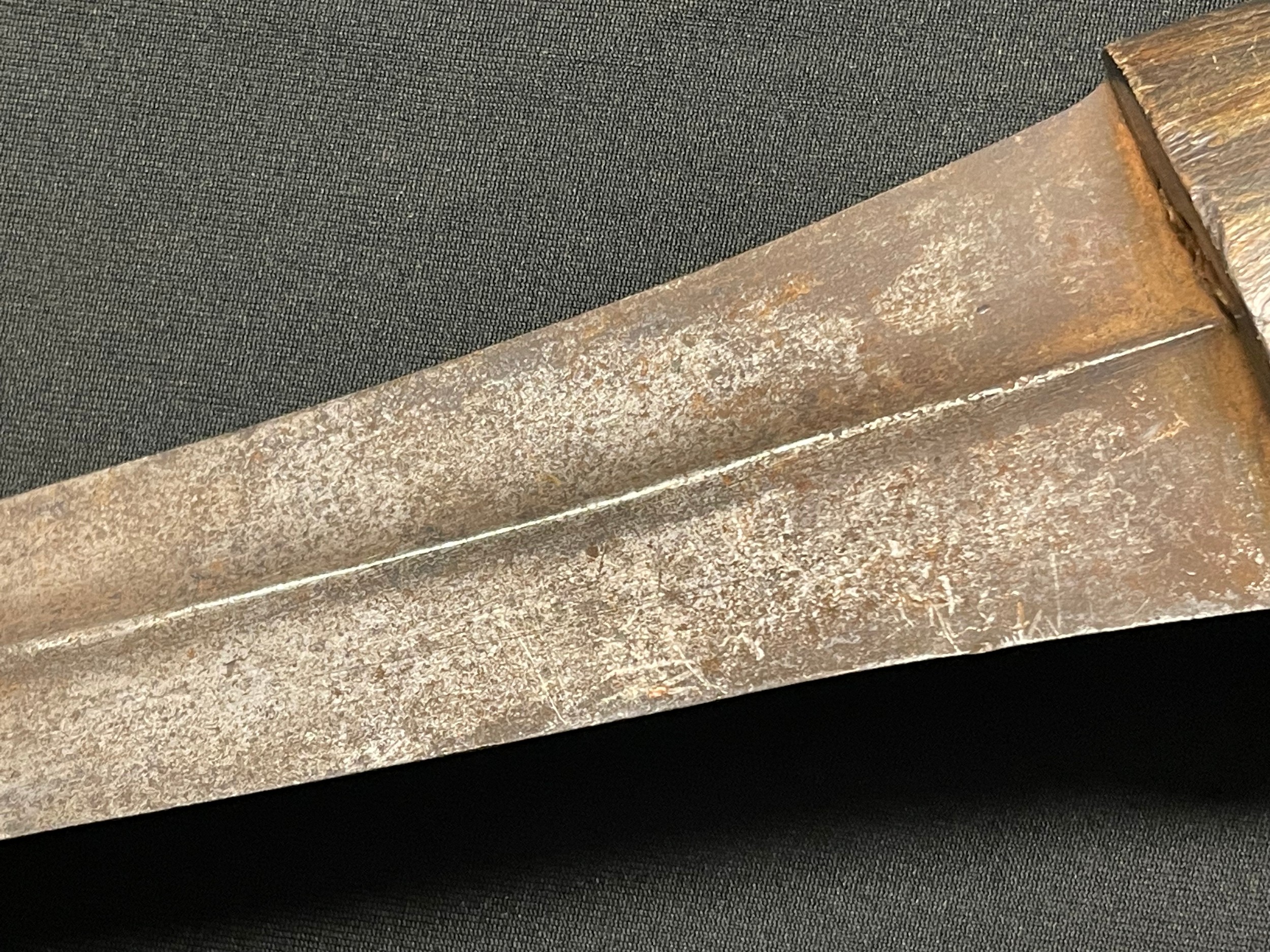 A Middle Eastern kindjal dagger, 24cm curved blade with central ridge, horn handle, 39cm long - Image 11 of 17