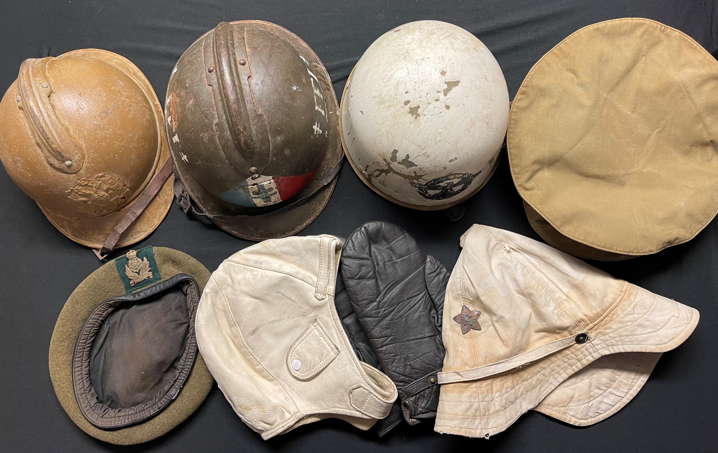 Reproduction Headgear collection to include: WW1 Russian helmet, WW2 French FFI Helmet, Danzig