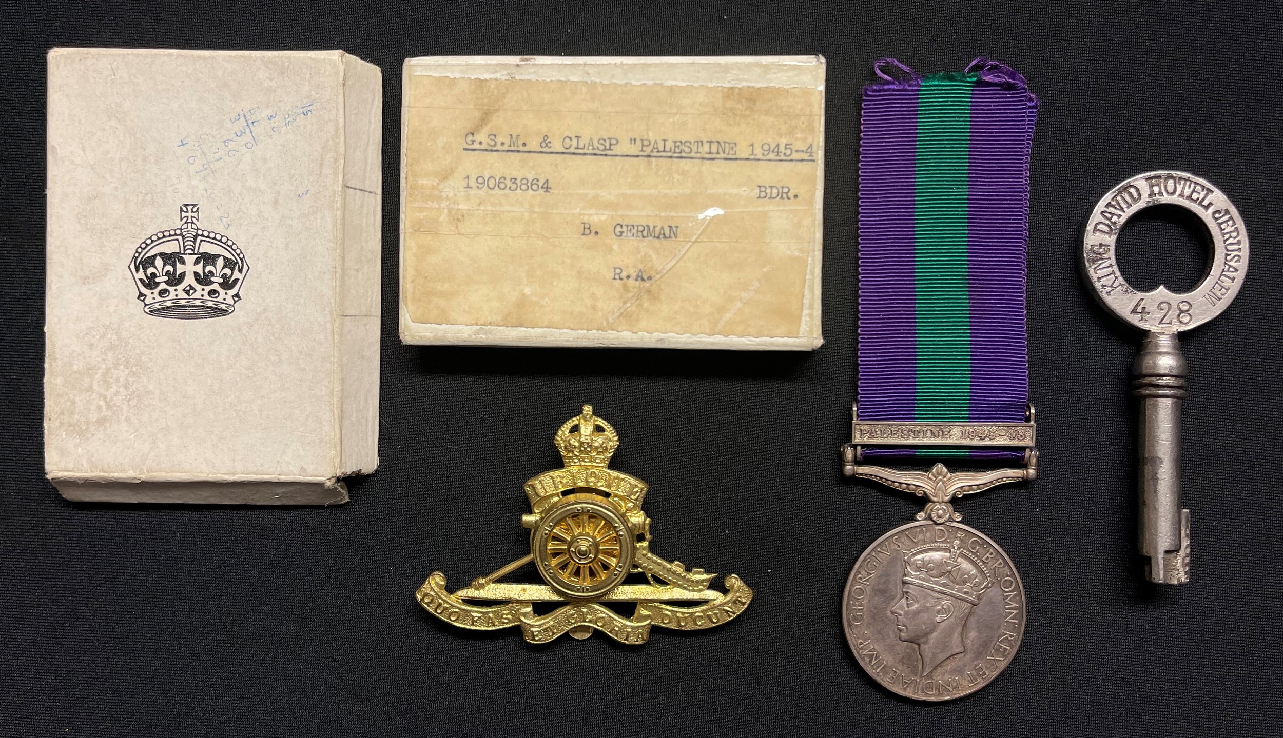 WW2 British GR VI General Service Medal with Palestine 1945-48 Clasp to Bdr. B German, RA.