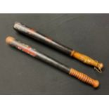 Pair of painted British Police Truncheons: one with Victorian Queens Crown 440mm in length and