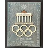 WW2 Third Reich 1936 XI Olympiade Berlin non portable award. Inscribed "Fur Verdienste um die XI
