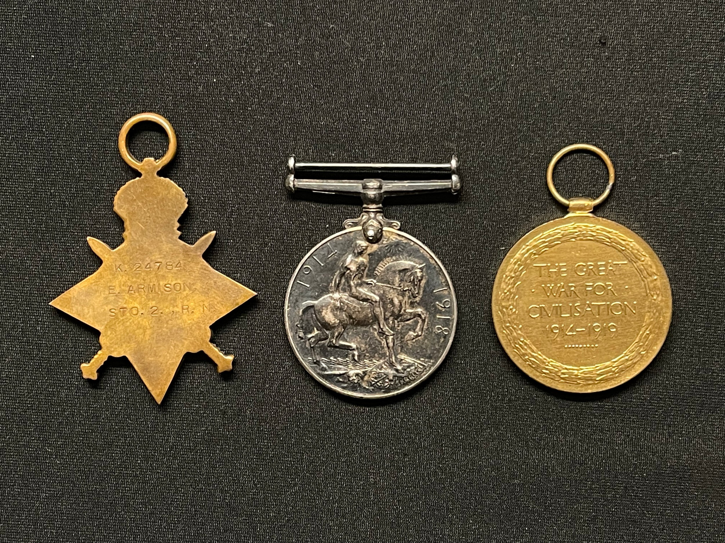 WW1 British Royal Navy medal group comprising of 1914-15 Star, War Medal and Victory Medal to K24784 - Image 2 of 4
